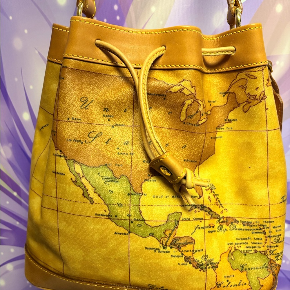 Leather Map Print Drawstring Bucket Bag - Yellow - Picture 3 of 8